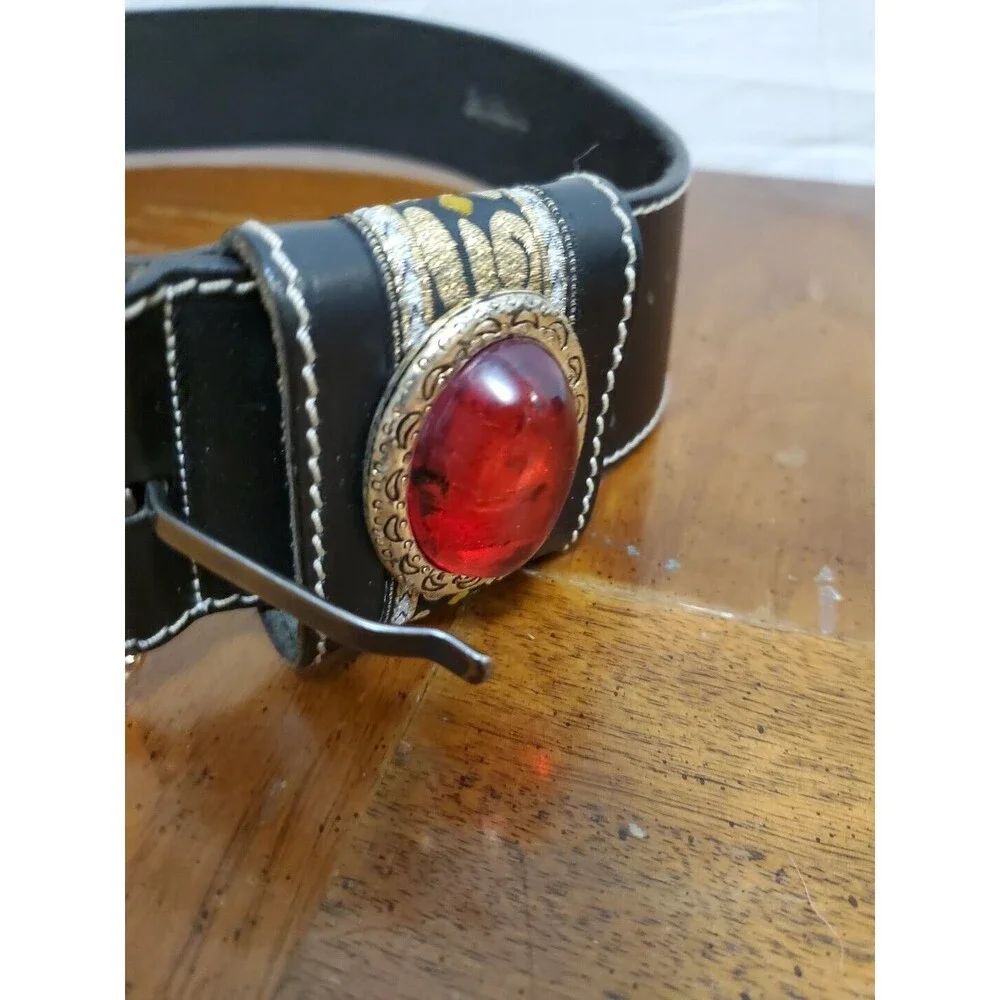 Doppia Vita Black Leather Exta Wide Western Belt Large Stone Buckle 37 Inches